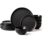 LiiZee Stoneware Dinnerware Sets Service for 4, 12 pcs Plates and Bowls Set | Highly Chip and Crack Resistant, Microwave and Dishwasher Safe, Handmade, Ceramic Modern Dish Set
