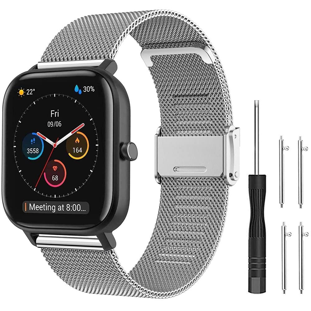 Flenco 20mm Replacement Stainless Steel Watch Strap For Amazfit GTR 42mm / Amazfit GTS 2/2 Mini / 2e / GTS 3 / Amazfit Bip/Bip Lite/Bip S/S Lite/Bip U/U Pro Replacement Band (Silver)