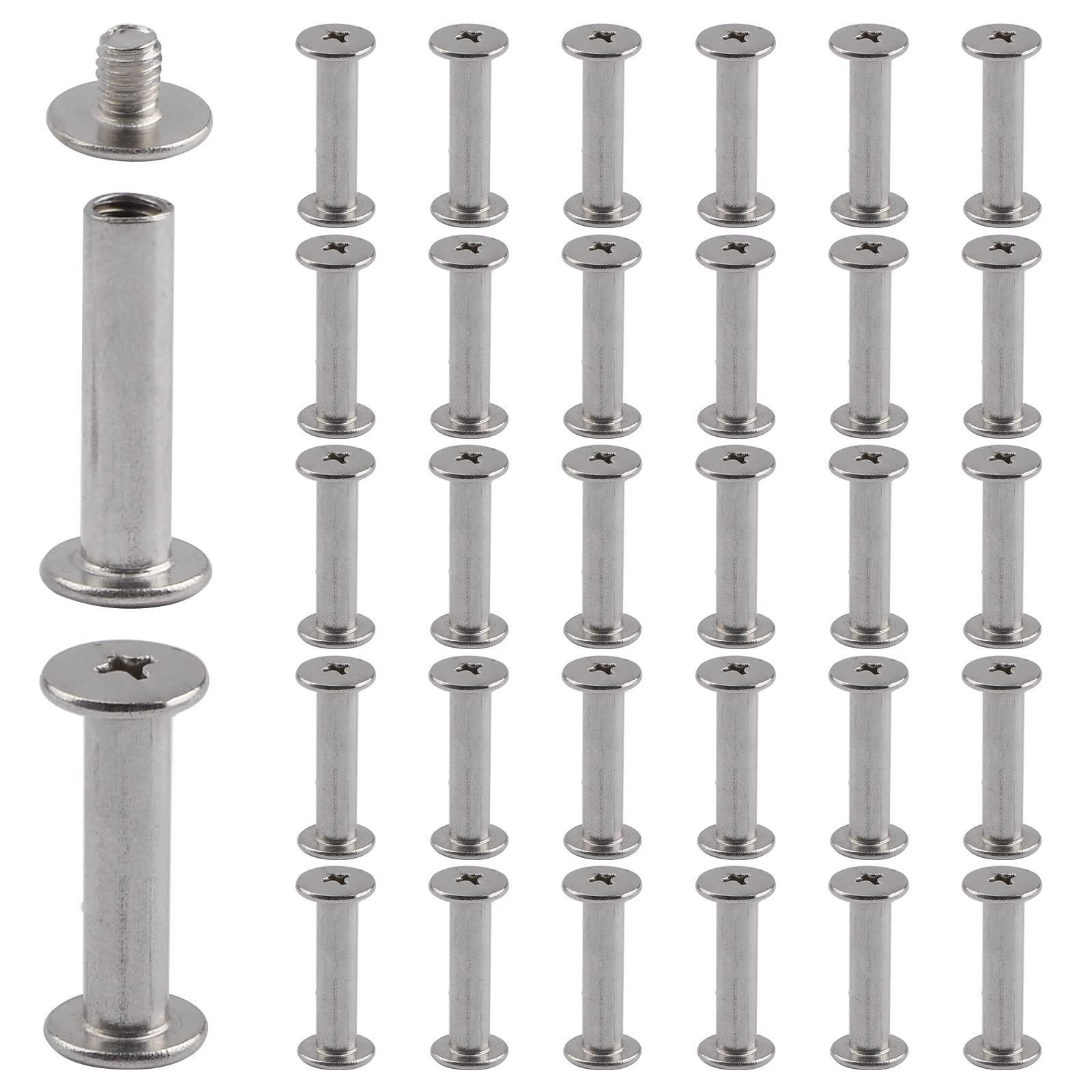 INCREWAY Stainless Steel Phillips Screws, 30 Sets 5mm X 20mm Chicago Binding Screws Round Cross Head Stud Screw Posts Nail Rivet Chicago Button, Silver Tone