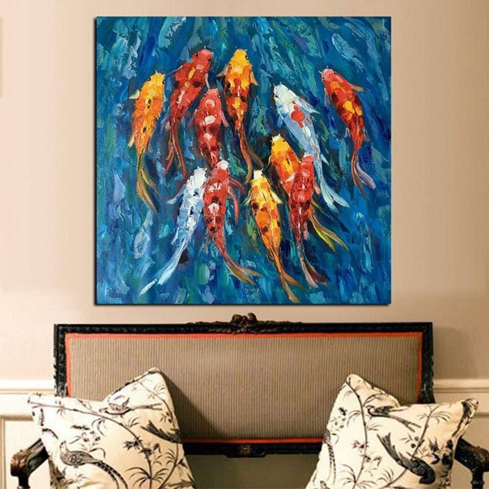 XIAOXINYUAN Wall Art Picture Chinese Style 100% Handpainted Abstract Landscape Oil Painting Nine Koi Fish For Living Room Decor 65×65Cm