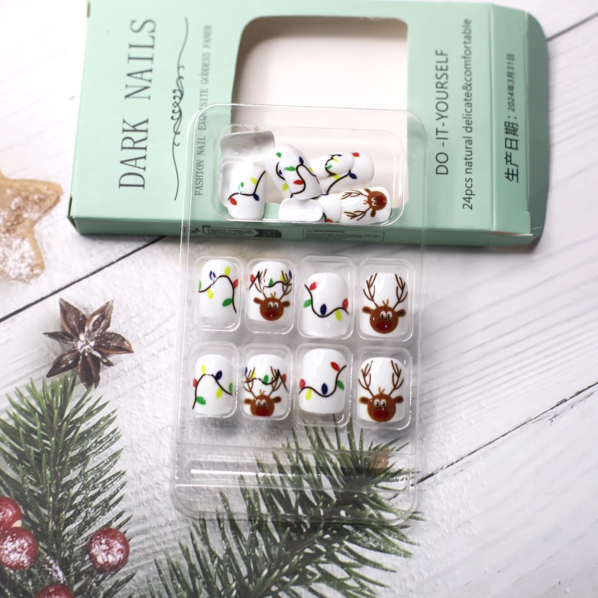 Christmas White Press on Nails Square Short Fake Nails Cute Elk False Nails with Cartoon Xmas Colorful Lights Designs Full Cover Acrylic Nails with Nail Glue Reusable Stick on Nails for Women 24Pcs - Image 3