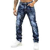 Men's Acid Wash Straight Leg Stacked Jeans, Snowflake Tie Dye Stretch Denim, Y2K Hip Hop Streetwear Baggy Pants