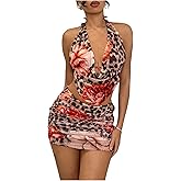 MakeMeChic Women's Summer 2 Piece Sets Mesh Floral Leopard Halter Tops Pencil Mini Skirt Set
