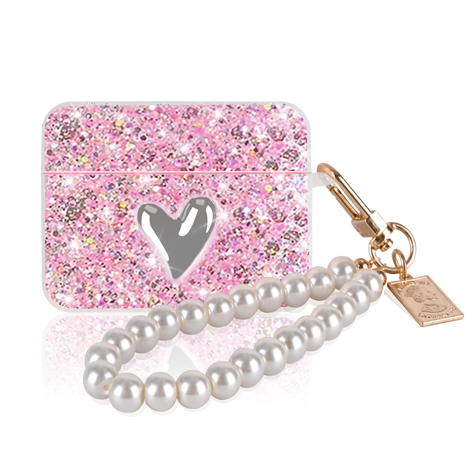 Glitter Case for AirPods Pro 2 (2022) with Pearl Keychain,Sparkly Love Heart Design for Women Girls Soft Silicone Full-Body Protective Shockproof Cover for AirPods Pro 2nd Generation (Pink)