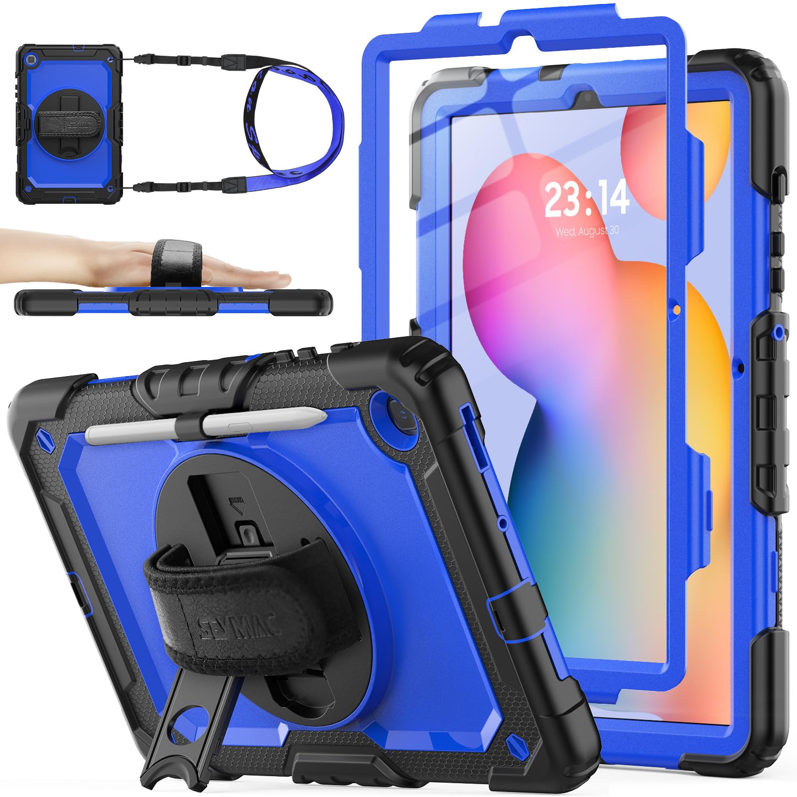 Photo 1 of SEYMAC stock Case for Samsung Galaxy Tab S6 Lite 10.4’’ (2024-2020) with Screen Protector Pencil Holder [360° Rotating Hand Strap] &Stand, Drop-Proof Case for Galaxy Tab S6 Lite Tablet, Blue/Black