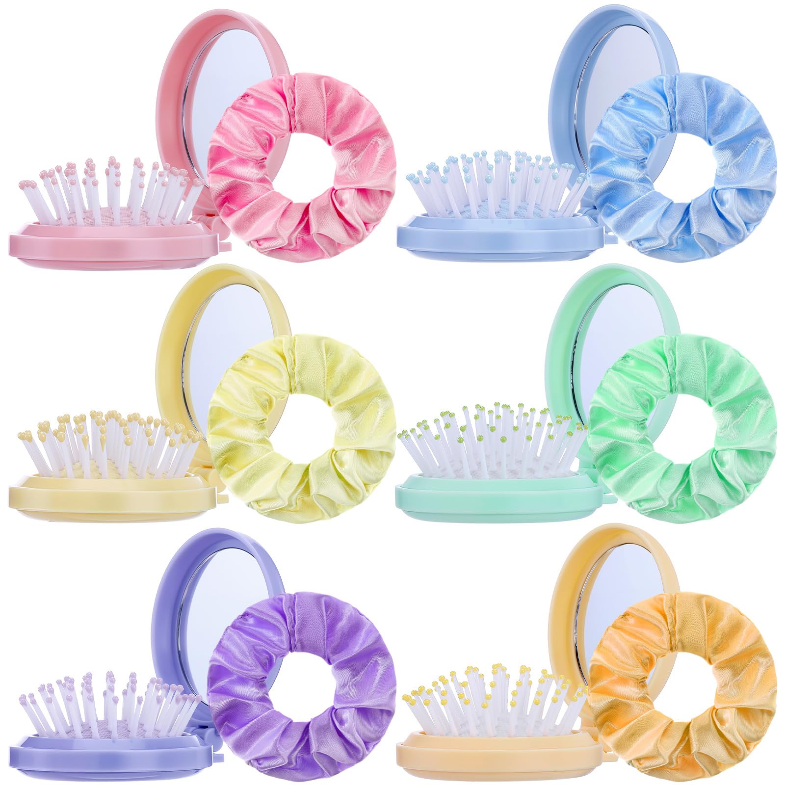 Photo 1 of 12 Pcs Mini Hair Brush with Mirror and Scrunchies Portable Travel Hairbrush Compact Folding Brush Pastel Satin Hair Scrunchies for Girls Women Girls Trip Favors Gifts