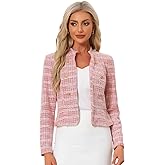 Allegra K Vintage Tweed Jackets for Women's Stand Collar Business Open Front Cropped Blazer Jacket