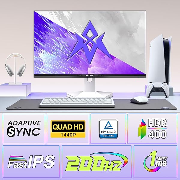 AMZFAST 27 INCH 1440P 200HZ/180HZ WHITE GAMING MONITOR, 2K QHD (2560 ×1440),MPRT 1MS FAST IPS | HDR400 & TÜV RHEINLAND EYE CARE & 12 MONTHS EXCHANGE (HDMI & DP CABLE)