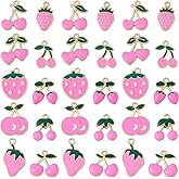 SUNNYCLUE 40Pcs 10 Styles Enamel Strawberry Charms Fruit Jewelry Charms Pink Aesthetic Cherry Food Alloy Dangle Metal Small Pendants for Jewelry Making Bracelets Necklaces DIY Crafting Accessories