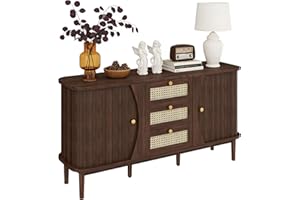Ceecysaa Buffet Sideboard Cabinet with Sliding Doors, Farmhouse Buffet Table Coffee Bar Cabinet with 3 Rattan Drawers for Din