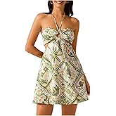MakeMeChic Women's Summer Tropical Print Mini Dress Sundress 2025 Halter Backless Cut Out Short Dresses
