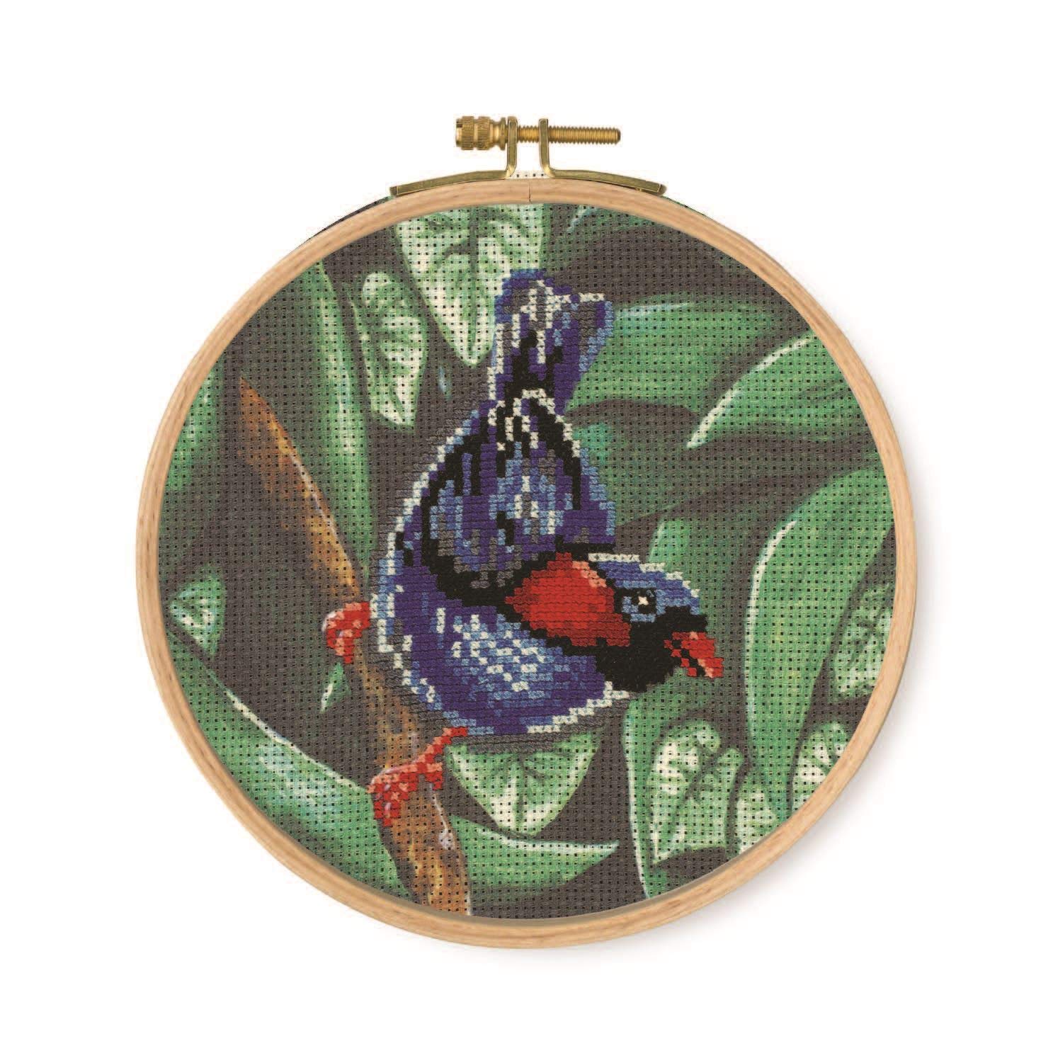 DMC Parakeet Cross Stitch Kit, Includes Embroidery Threads, Needle, Wooden Drum and Instructions