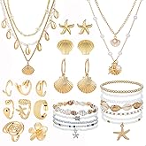 EILINOA 25 Pcs Shell And Starfish Jewelry Set Ocean-Inspired Earrings Stackable Rings Layered Shell Necklaces And Beaded Beach Bracelets Boho Summer Jewelry for Women, Vacation Gifts