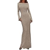 PRETTYGARDEN Women's Fall Fashion 2026 Long Sleeve Maxi Dress Ribbed Knit Boat Neck Bodycon Casual Dresses Going Out Outfits