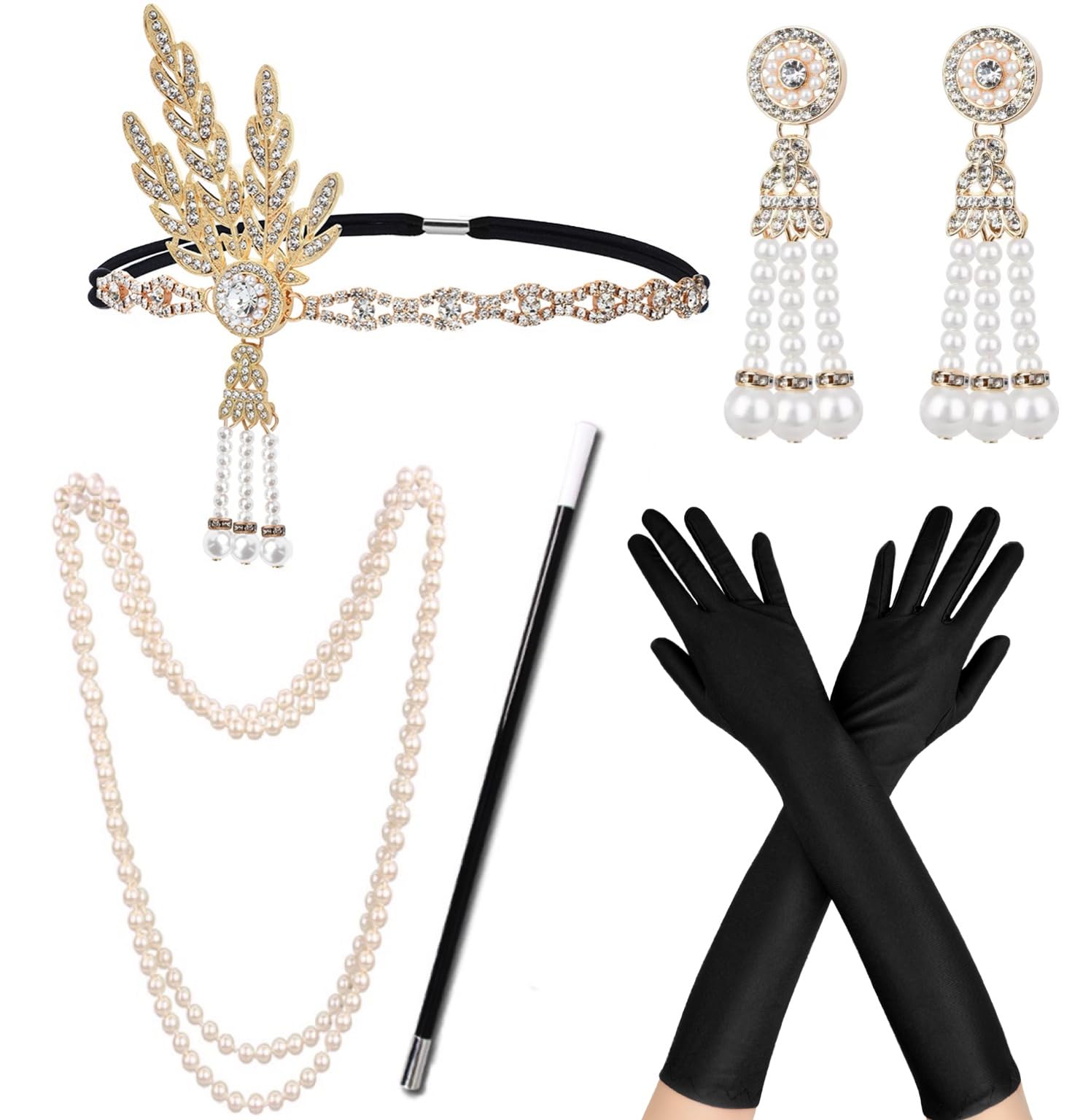 Meiruier 1920 Accessories Set, 1920s Fashion Headband Holder Long Gloves Pearl Necklace Great Gatsby Accessories for Women,Ladies Charleston Fancy Set (style 5)