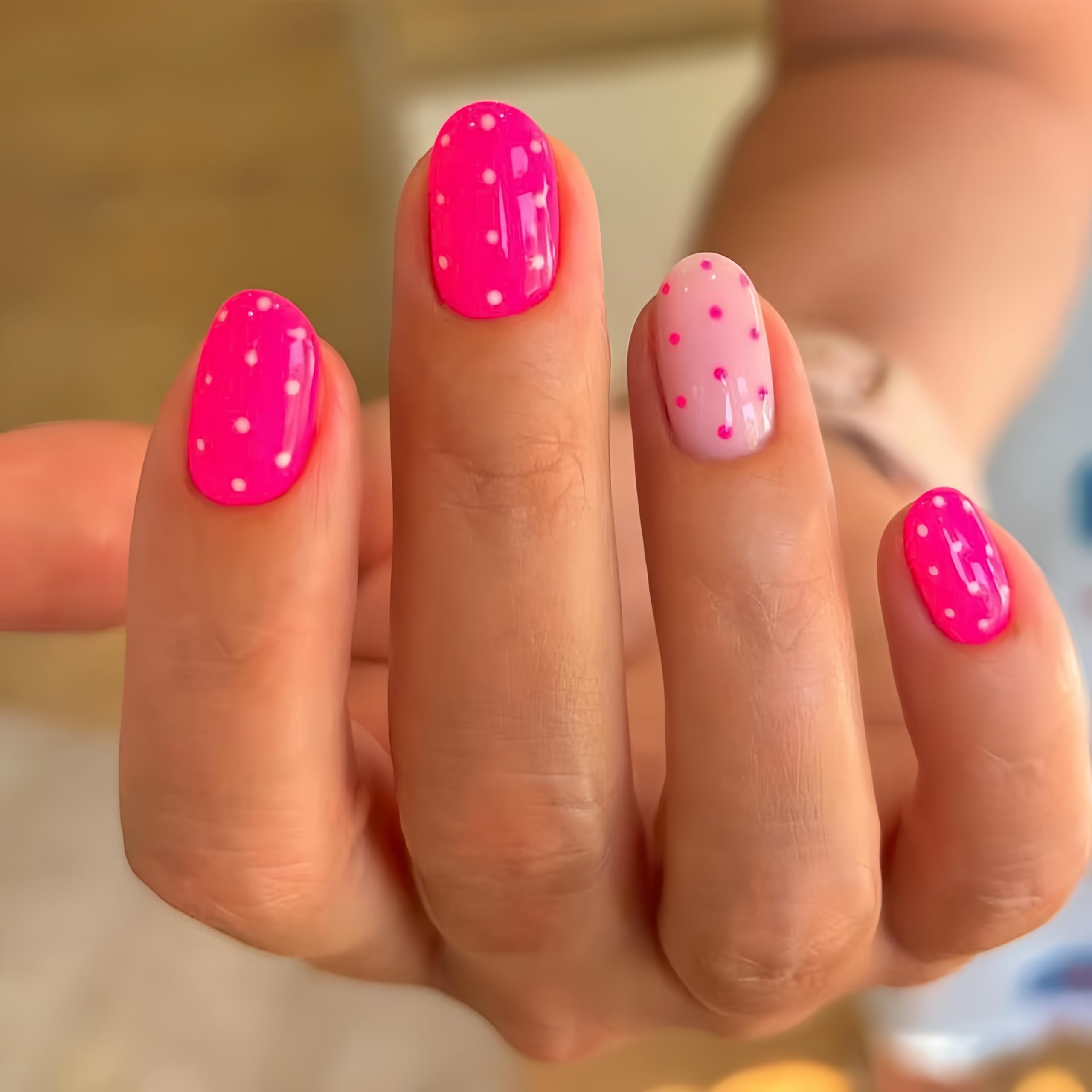 Photo 1 of *** FOR PARTS/ MISSING NAILS*** 24 Pcs Pink Press on Nails Polka Dot Fake Nails Short Oval Nails Press Ons with Design Full Cover Stick on Nail Reusable Artificial Glue on Nail Pink Polka Dot False Nail for Women Manicure