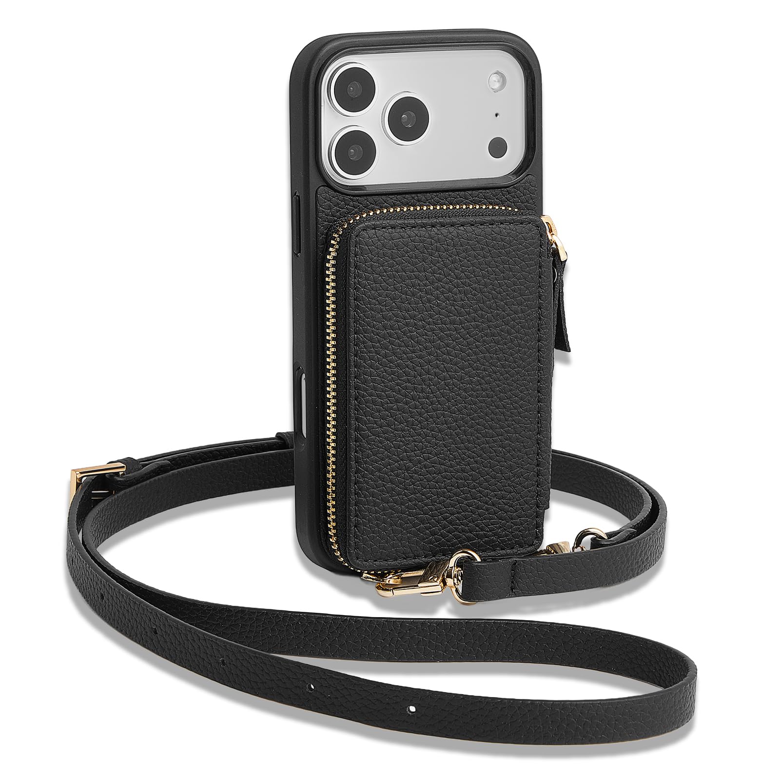 ZVE for iPhone 17 Pro Wallet Case with Card Holder, Zipper Crossbody Case with Wrist Strap for Women 6.3" Black