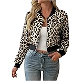 SOLY HUX Women's Leopard Bomber Jacket Zip Up Cheetah Print Long Sleeve Cropped Jackets Outerwear