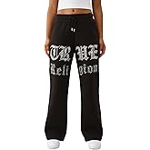 True Religion Women’s Crystal Wide Leg Sweatpants – Soft Cotton Blend, Flared Hem, Crystal Logo
