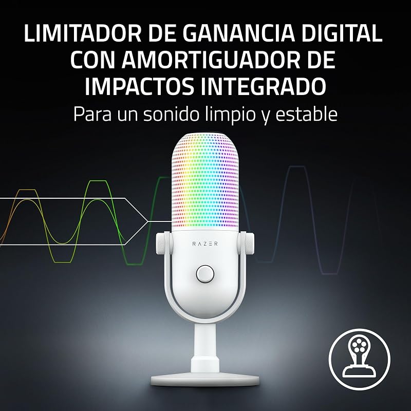 Razer seiren v3 chroma - microfone rgb usb - microfone condensador supercardióide com tap-to-mute (iluminação reativa, limitador de ganho digital e amortecedor integrado) branco