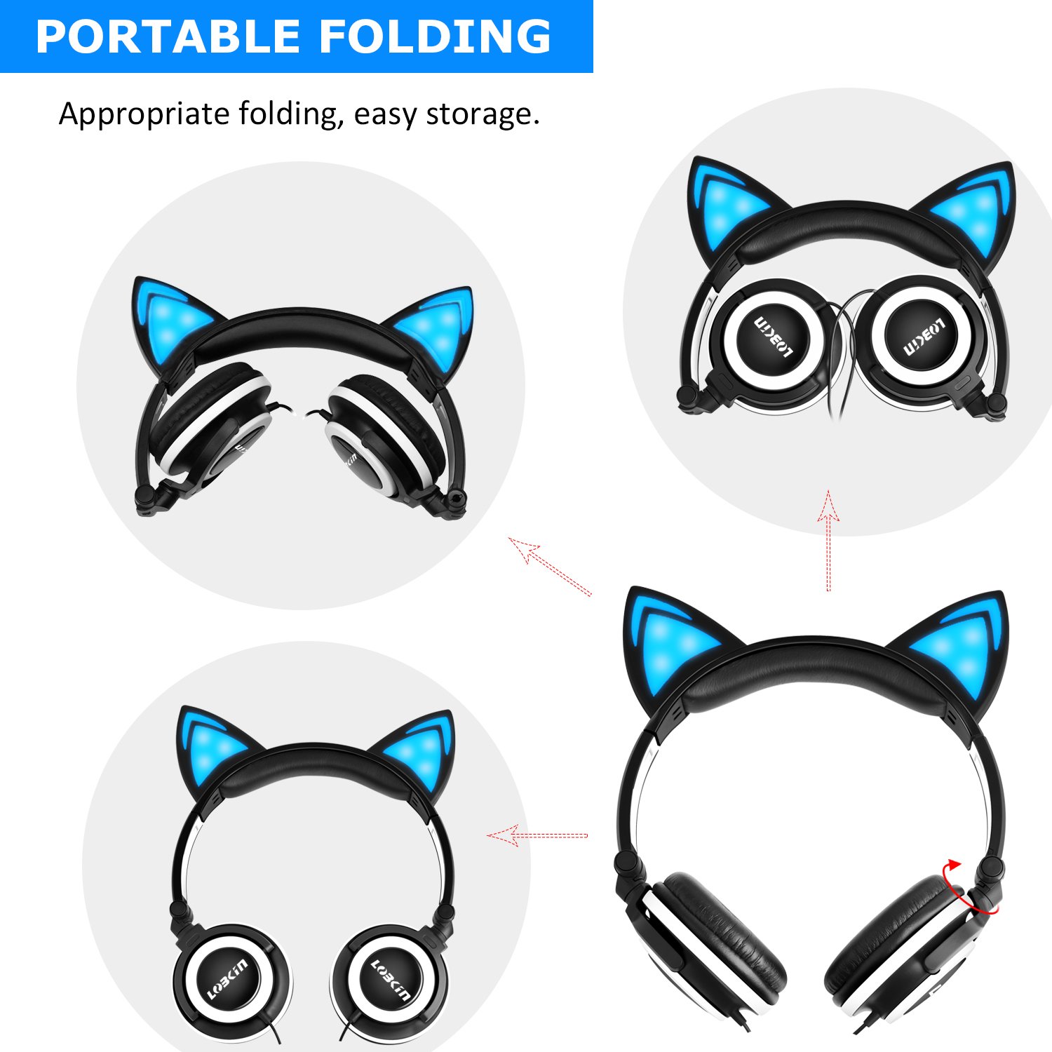 Lobkin Cat Ear Headphone, Foldable Wired Over Ear Kids Headphone with Glowing Light for Girls Children,Compatible for iPhone and Other Android Phones (Black)