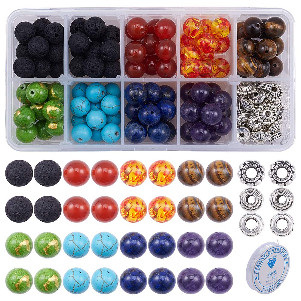 SUNNYCLUE 200pcs+ 6mm Natural 7 Chakra Lava Stone Beads Round Loose Beads Kit Healing Energy Spacer Beads with Crystal Strings for Jewellery Making Kits Women Adults DIY Bracelets Handmade Gifts