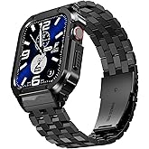 SUPLINK Stainless Steel Case & Band Compatible with Men Apple Watch Band 45mm, Metal Rugged Protective Bumper for iWatch Apple Watch Series 9 8 7 45mm Band, Black