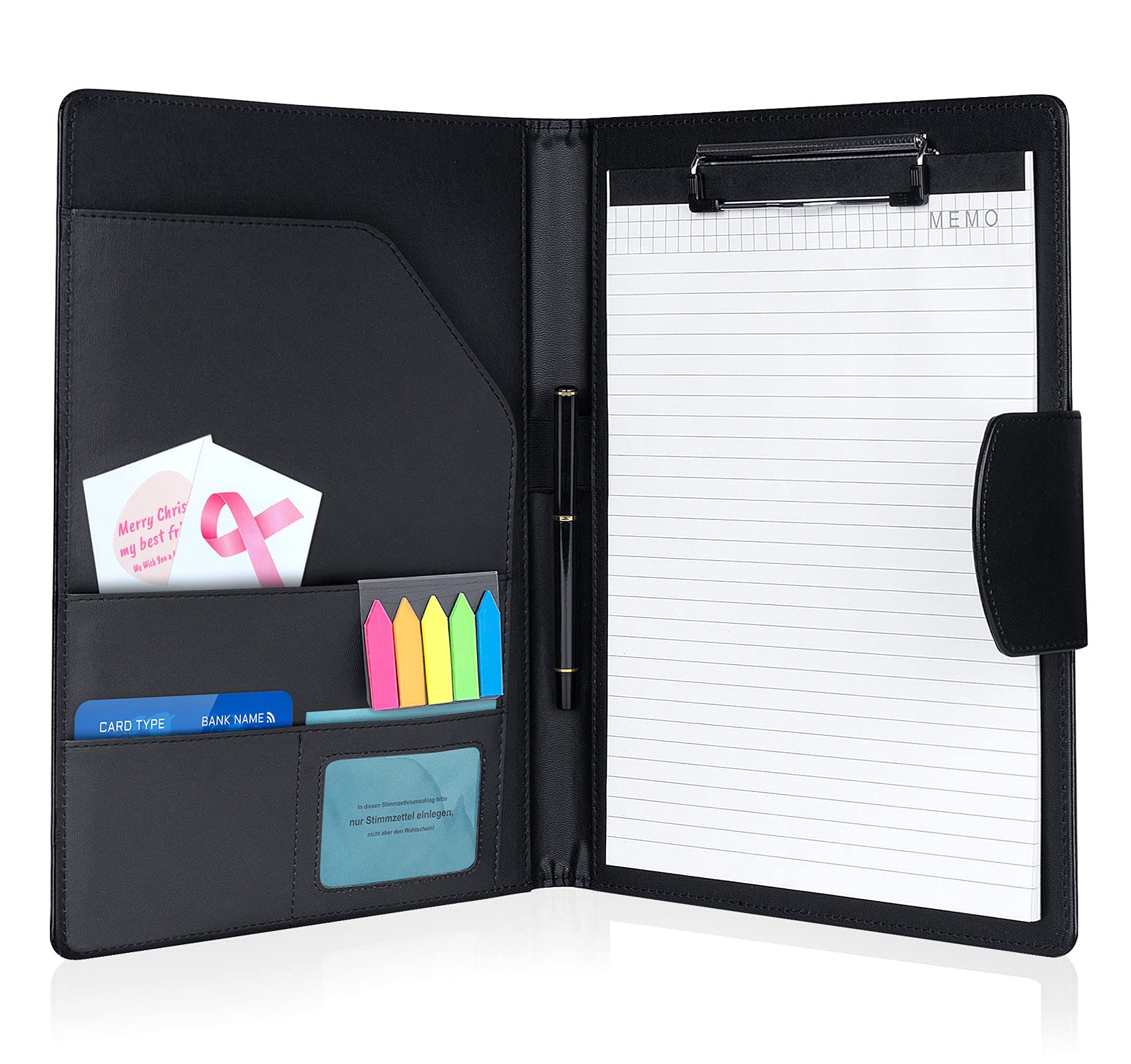 Clipboard Folder DIN A4, Leather Document Case Clip Board with Magnetic Closure Cover, for Work Writing Conference Folder Legal Pad with A4 Paper &Sticky Arrow Tabs &Pen, Black