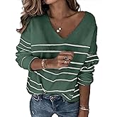 SunnyMelody Womens Cute V Neck Striped Sweater Fall Outfits 2025 Trendy Pullover Sweaters Top - Lightweight, Loose Fit