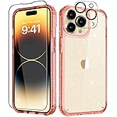 MIODIK Compatible with iPhone 14 Pro Max Case with Screen Protector + Camera Lens Protector, Clear Glitter Women Girls Phone Case, Shockproof Protective Cover for 14 ProMax 6.7 Inch - Sparkle Pink