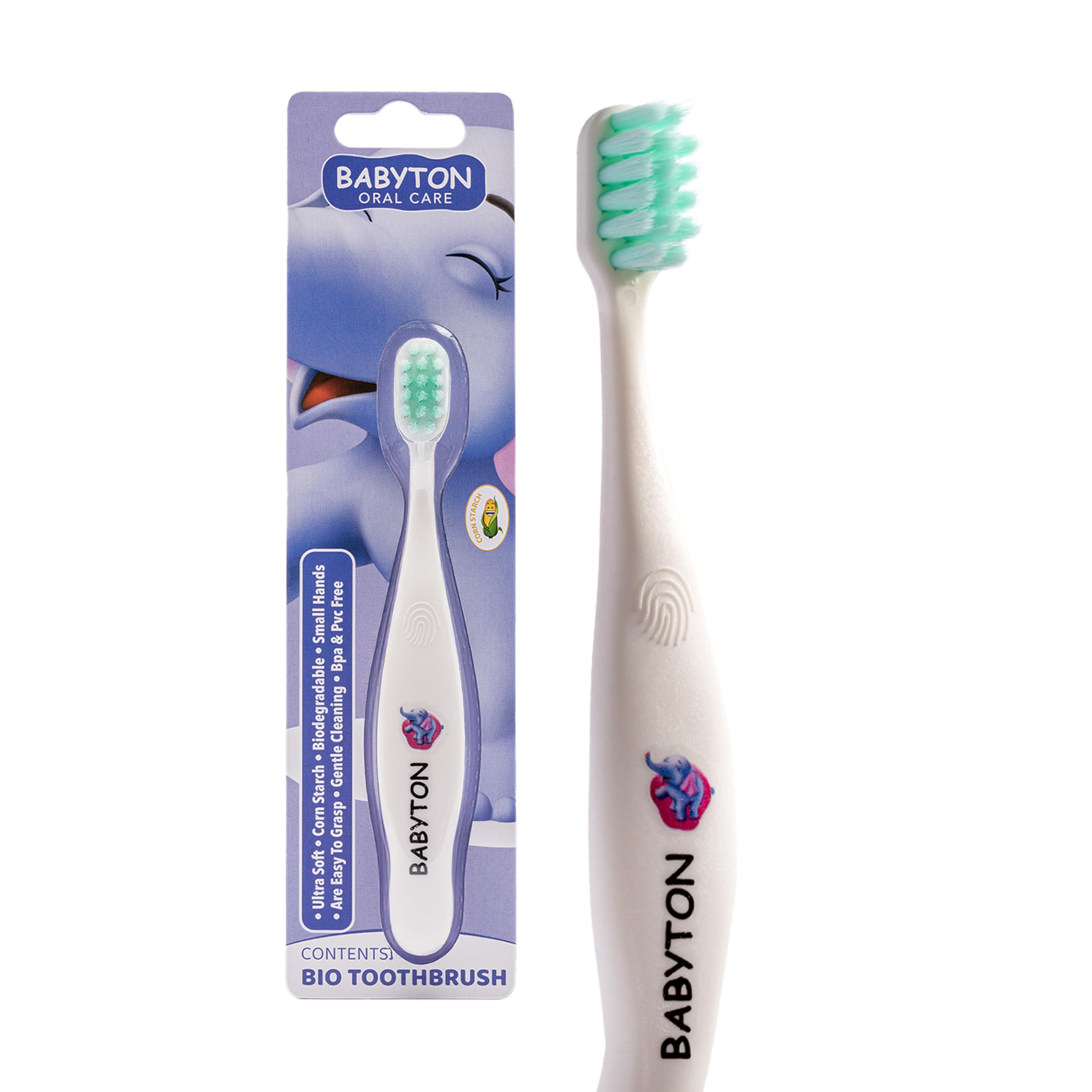 Babyton Bio Toothbrush - Eco-Friendly, Soft Bristles for Babies, Ergonomic Handle, Biodegradable Corn Cob Material (Elephant)