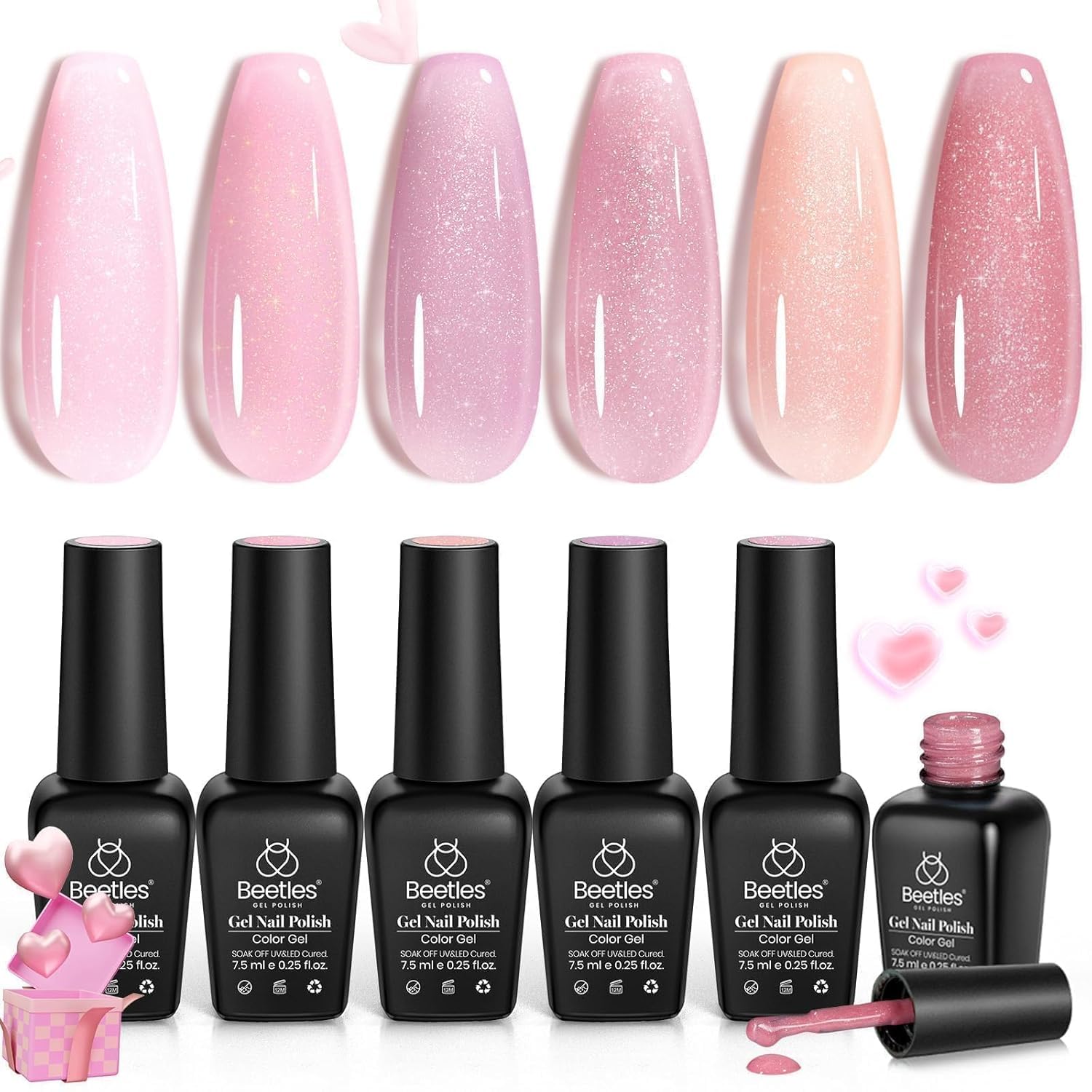 Beetles Glitter Gel Nail Polish Set, 6 Colors Jelly Pink Gel Polish Kit Sheer Shimmer Pink Translucent Effect Soak off UV Nail Concealer Spring Summer Manicure Salon Gift for Women