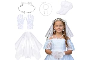 Lyyxjsltd 7 Pcs First Communion Veil Set for Girls with Gloves, Floral Headpiece, Socks & Pearl Jewelry Necklace Bracelet Ear