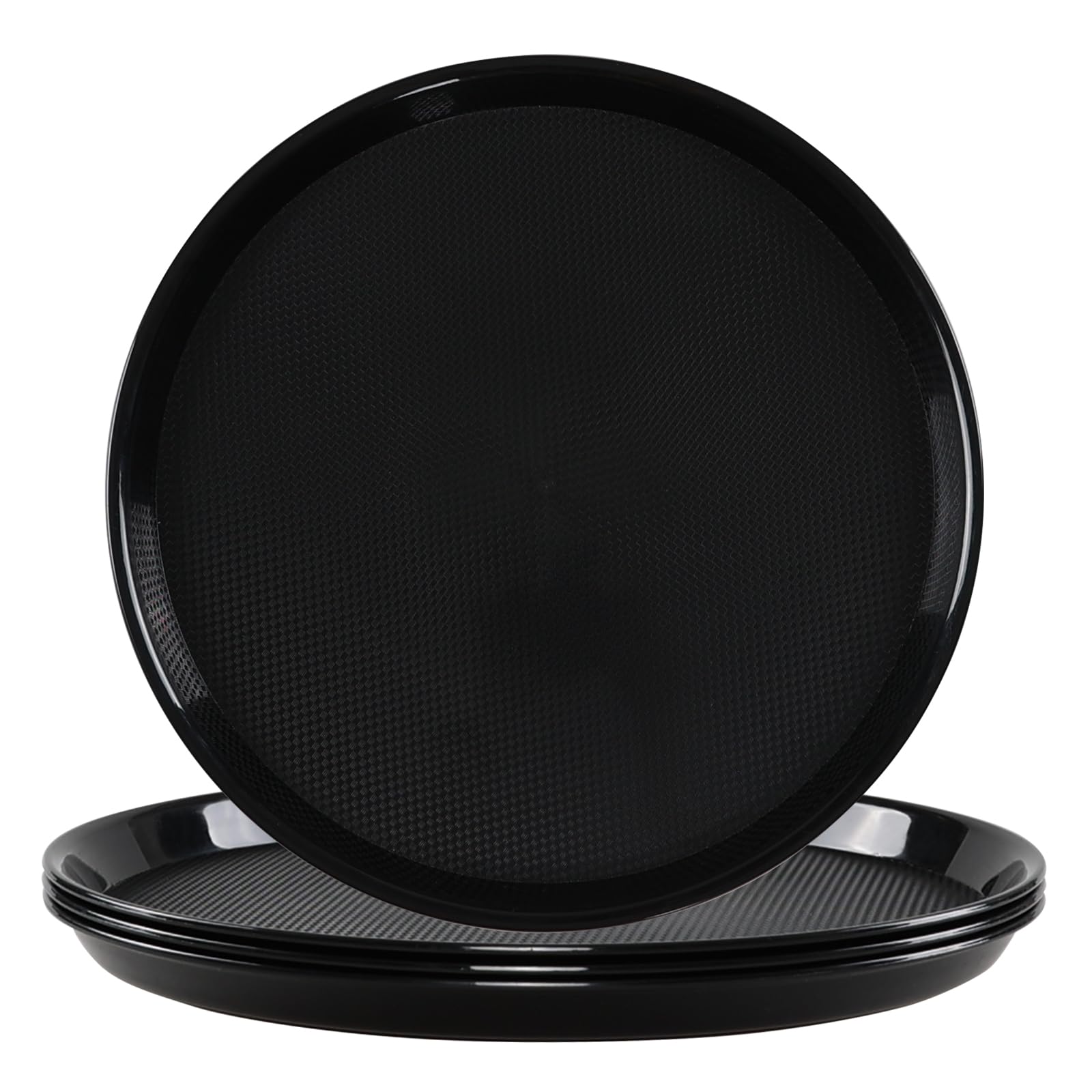 Minekkyes 4-Pack Plastic Round Restaurant Serving Trays, Round Non Slip Bar Serving Tray, Black