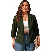 ShopWonder Womens Plus Size Casual Pocketed Blazer Office Open Front 3/4 Sleeve Cardigans Jacket Work Suit Army Green 4XL