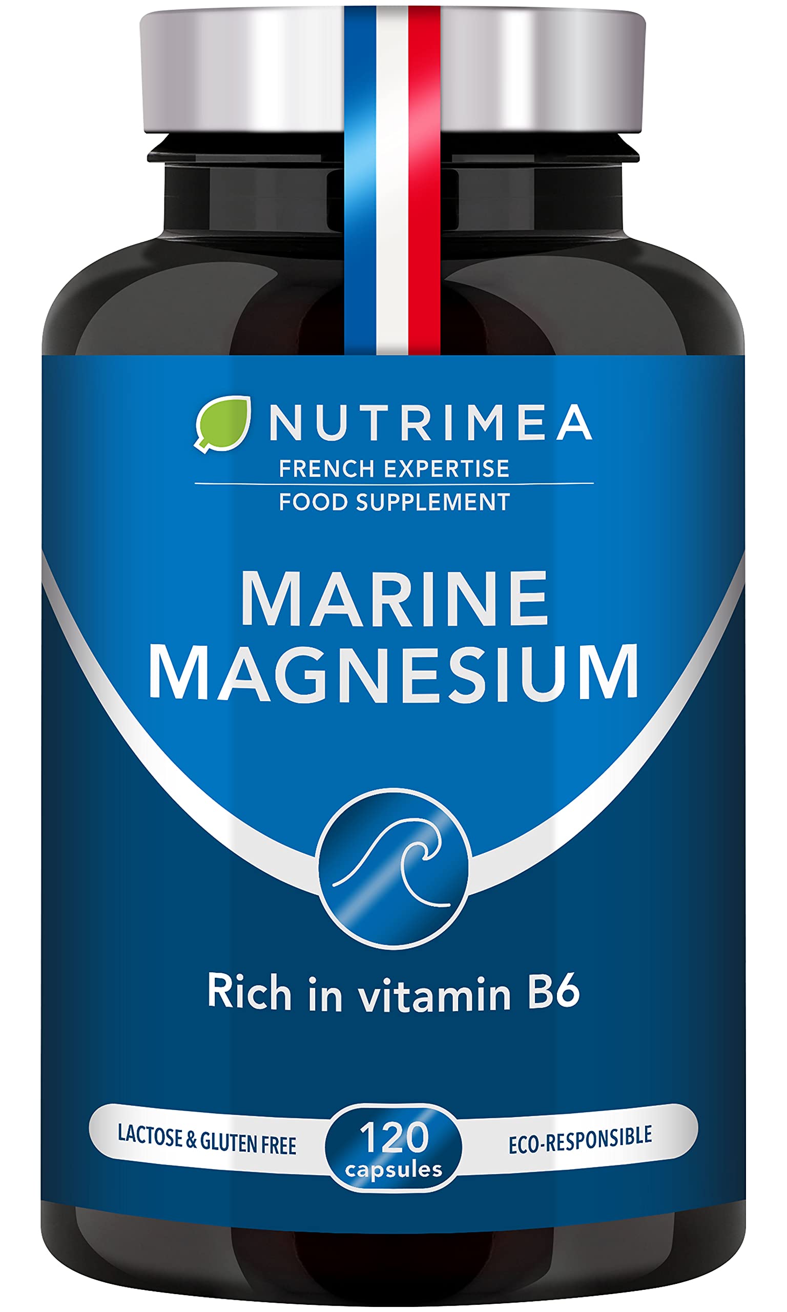Marine Magnesium Supplement with Vitamin B6-120 Capsules - Supports Normal Muscle Function & Reduces Tiredness and Fatigue - High Absorption Formula - French Expertise - Nutrimea
