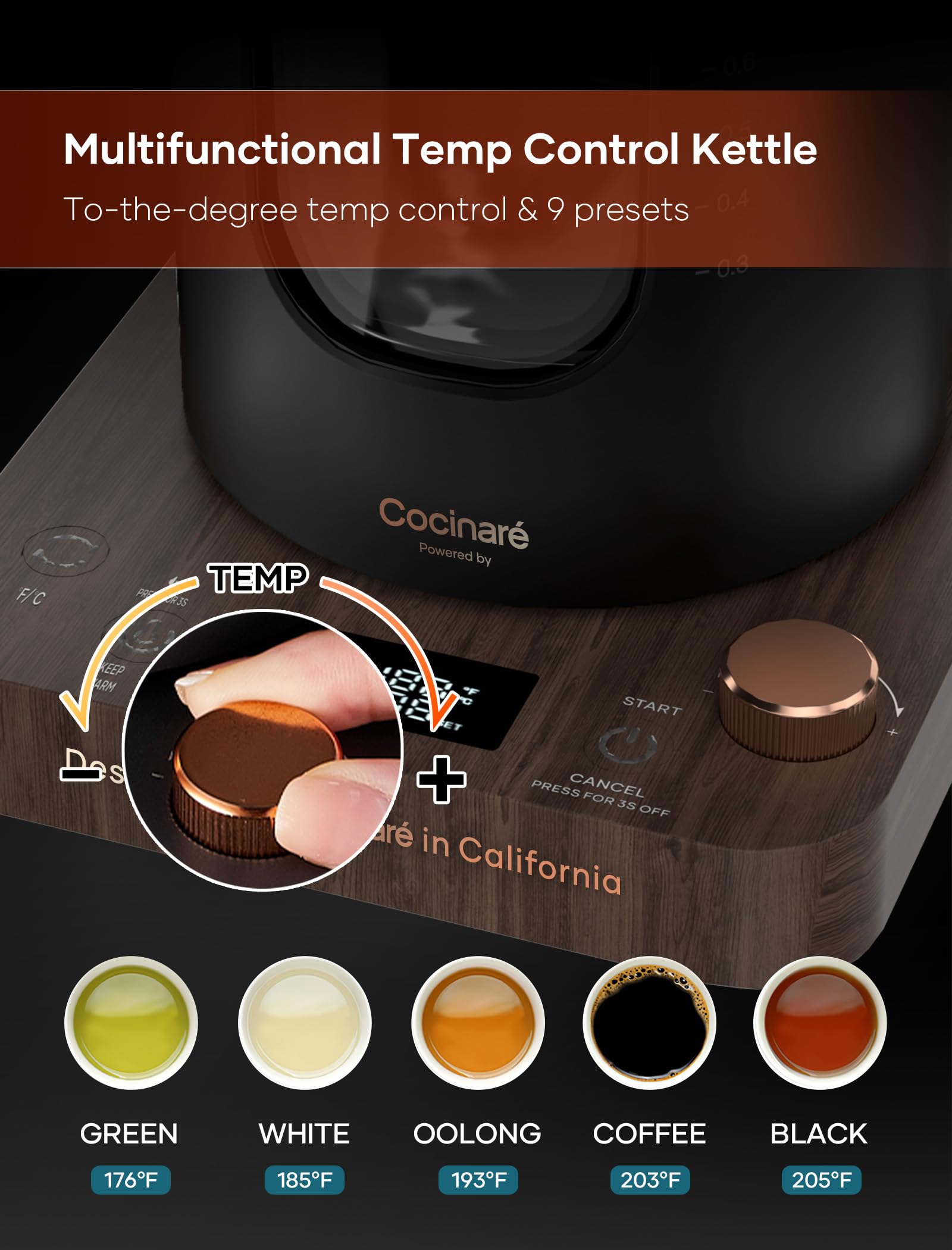 Tetera Eléctrica, INTASTING Hervidor Eléctrico de Vidrio con Infusor de Té y Control Preciso de Temperatura con Perilla, Calentamiento Rápido de 1200W, Sin BPA, Fácil de Limpiar, para Té y Café, 1 Litro (Madera)
