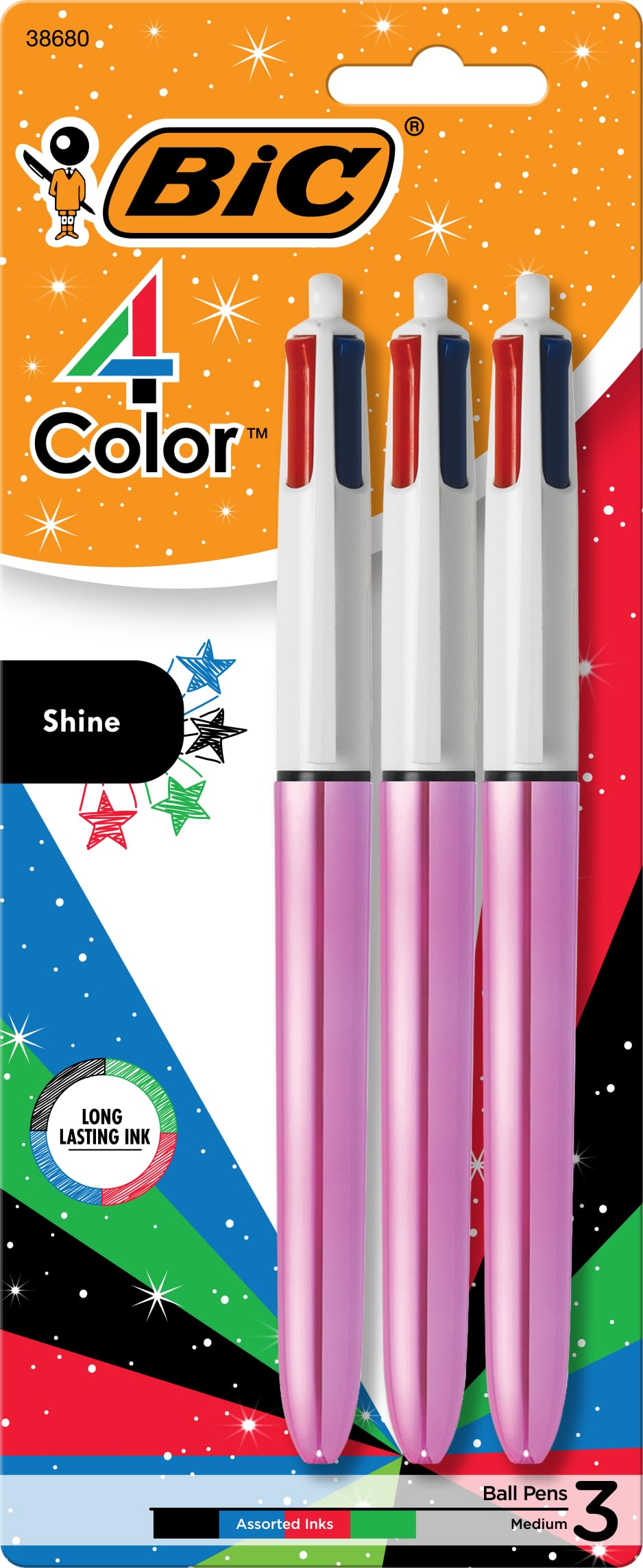 Bic 4-Color Grip Ballpoint Pen, Blue Barrel, Medium Point (1.0mm), Assorted Inks, 3-Count