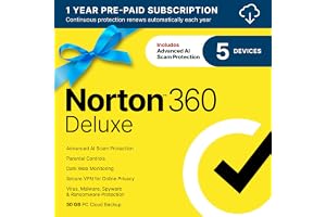 Norton 360 Deluxe, Antivirus software for 5 Devices with Auto-Renewal – Includes Advanced AI Scam Protection, VPN, Dark Web Monitoring & PC Cloud Backup [Download]