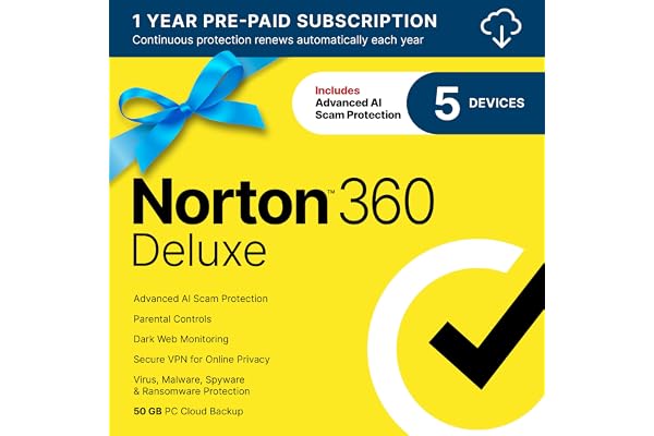 Norton 360 Deluxe, Antivirus software for 5 Devices with Auto-Renewal – Includes Advanced AI Scam Protection, VPN, Dark Web Monitoring & PC Cloud Backup [Download]