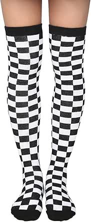 HDE Women's Checkered Socks Extra Long Over the Knee High Checkered Board Stockings (Black White)