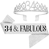 UVATAHONA 34th Birthday Sash and Tiara for Women, 34 & Fabulous Birthday Sash and Crown for Party Favors Supplies and Decorations, Silver