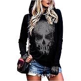 CHUNTIANRAN Women's Halloween Shirts Skull Silhouette Graphic Hoodie T Shirts Casual Loose Long Sleeve Pullover T Shirt