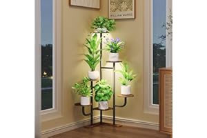 Homsorout Corner Plant Stand with Grow Light - 6 Tier Plant Stand Indoor Round Metal Plant Shelf with Adjustable Light, Plant Organizer for Living Room, Graden, Home Decor (Brown)