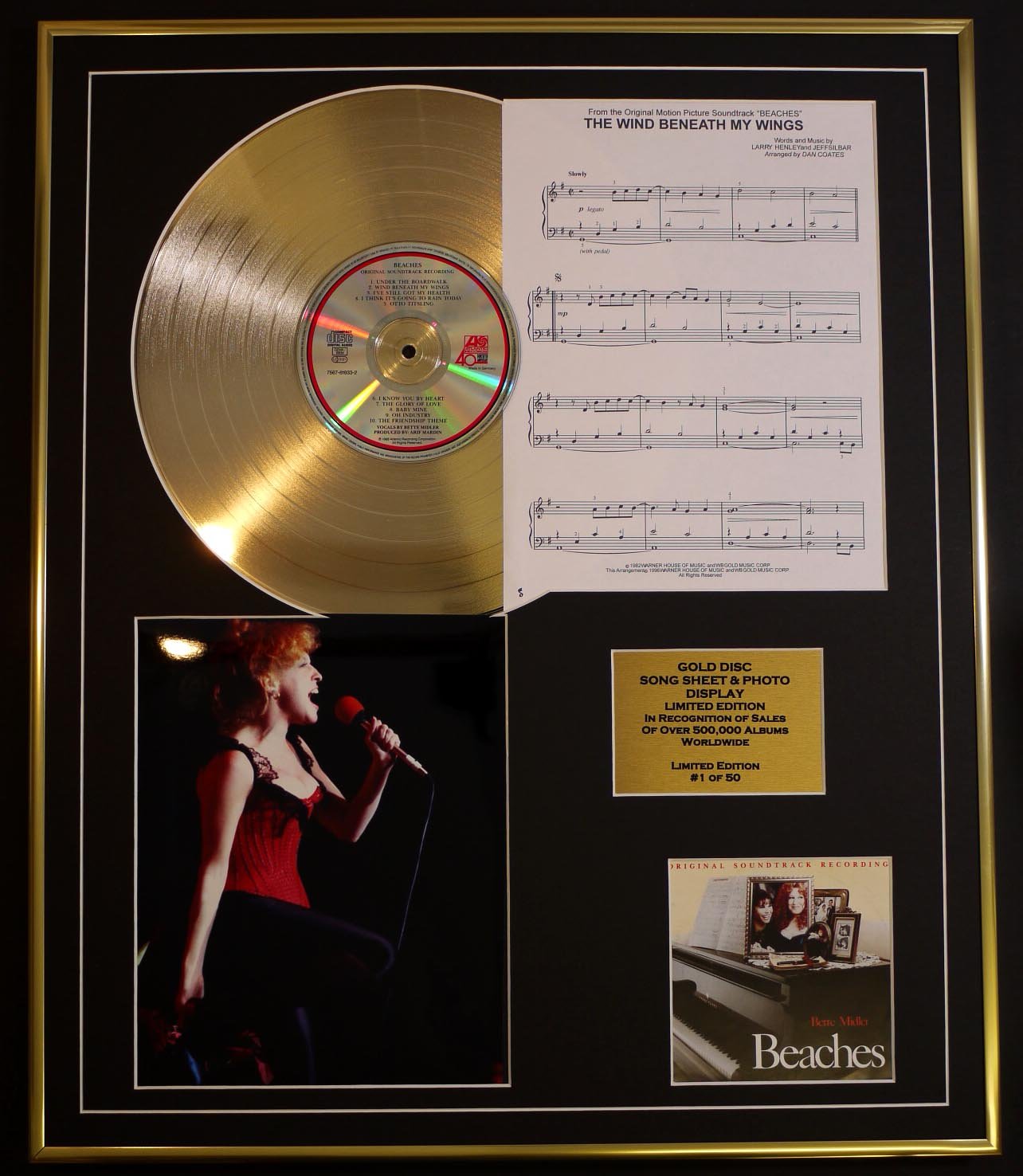 BETTE MILDER/CD GOLD DISC, SONG SHEET & PHOTO DISPLAY/LTD. EDITION/COA/ALBUM, BEACHES/SONG SHEET, THE WIND BENEATH MY WINGS