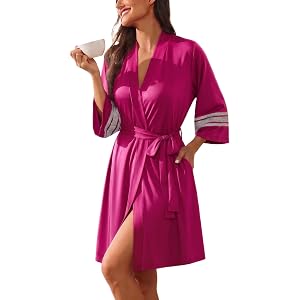 Ekouaer Womens Robe Lightweight 3/4 Sleeve Bathrobe Soft Short Knit Sleepwear with Pockets