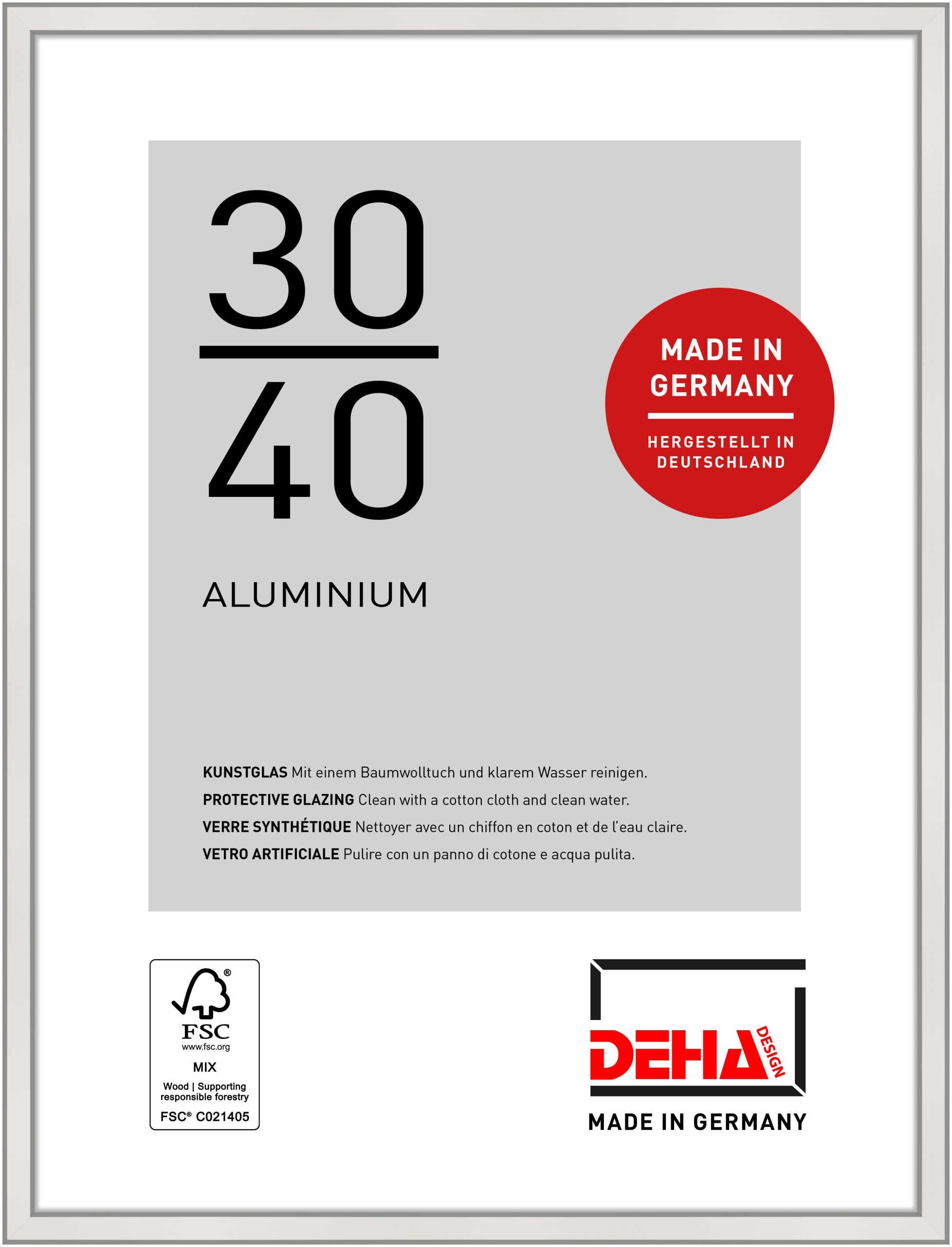 DEHA Design Boston Aluminium Picture Frame - 30x40 cm – Silver - with Synthetic Glass and Push/Turn Clips
