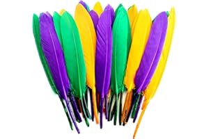 FeelfunFeather 120pcs Mardi Gras Goose Cochettes Feather 4-6 inch Decorative Colorful Purple Golden Yellow Green Feathers Bulk for DIY Crafts Masquerade Carnival Party Decoration