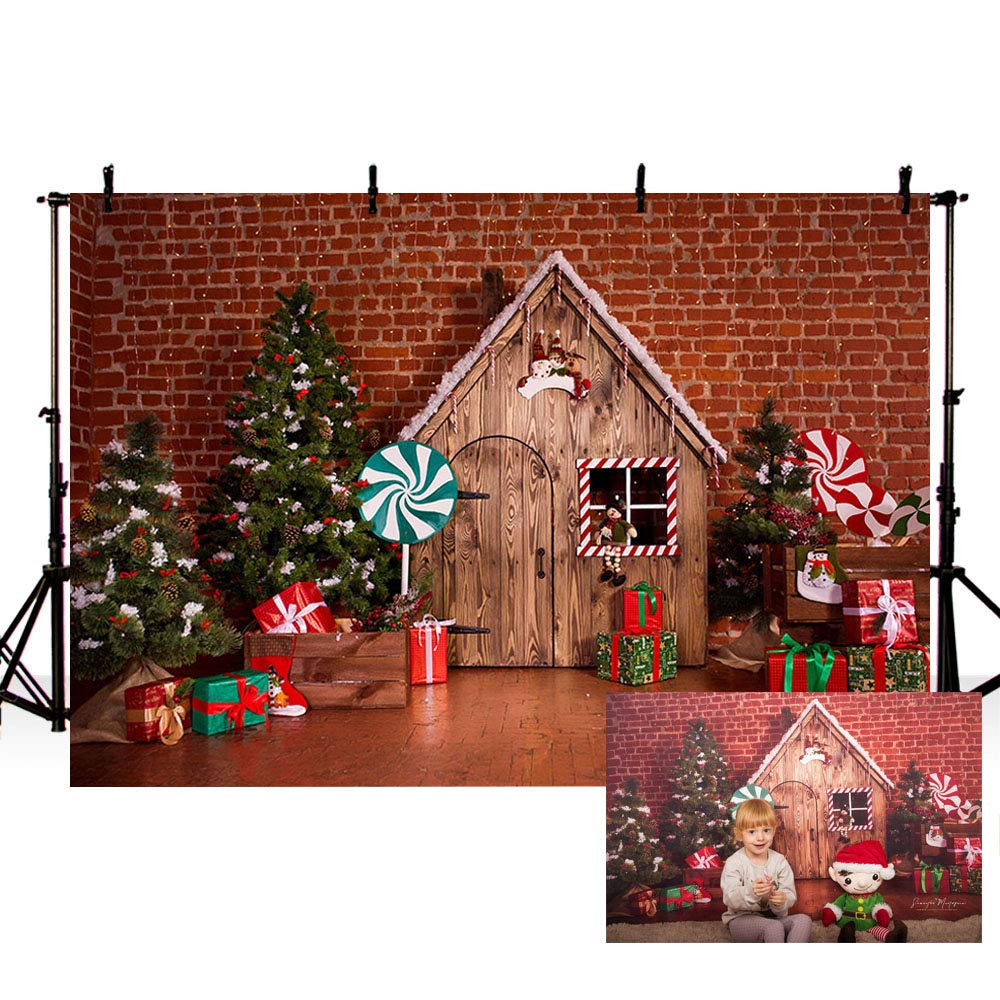 MEHOFOTO 7x5ft Red Merry Christmas Party Banner Photo Studio Backdrop Christmas Tree Wood House Brick Wall Backgrounds for Photography