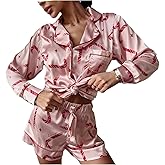 Tenopuli Women Christmas Pajamas Shorts Set 2 Piece Long Sleeve Button Down Shirt Cute V Neck Candy Cane Lounge Sleepwear